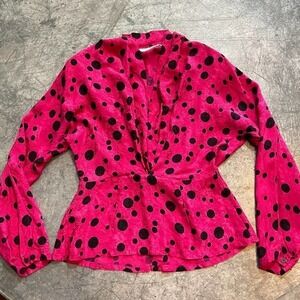 Vintage 80s Michelle Stuart Silk Pink Black Polka Dot Peplum Blouse Shirt 6